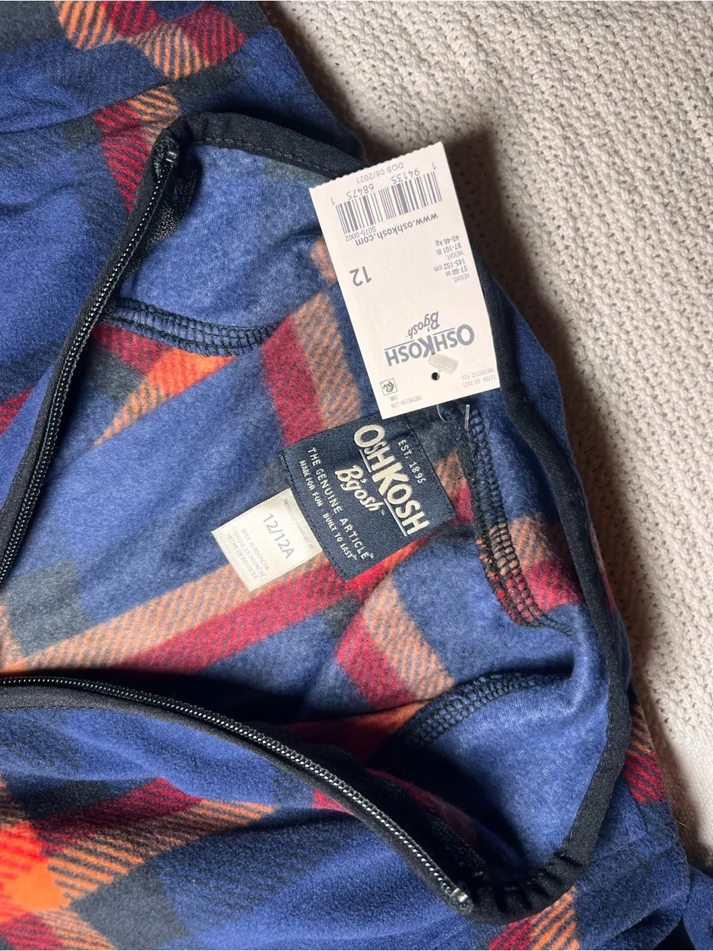 OshKosh B'gosh Blue Red Orange Plaid Zip Hoodie